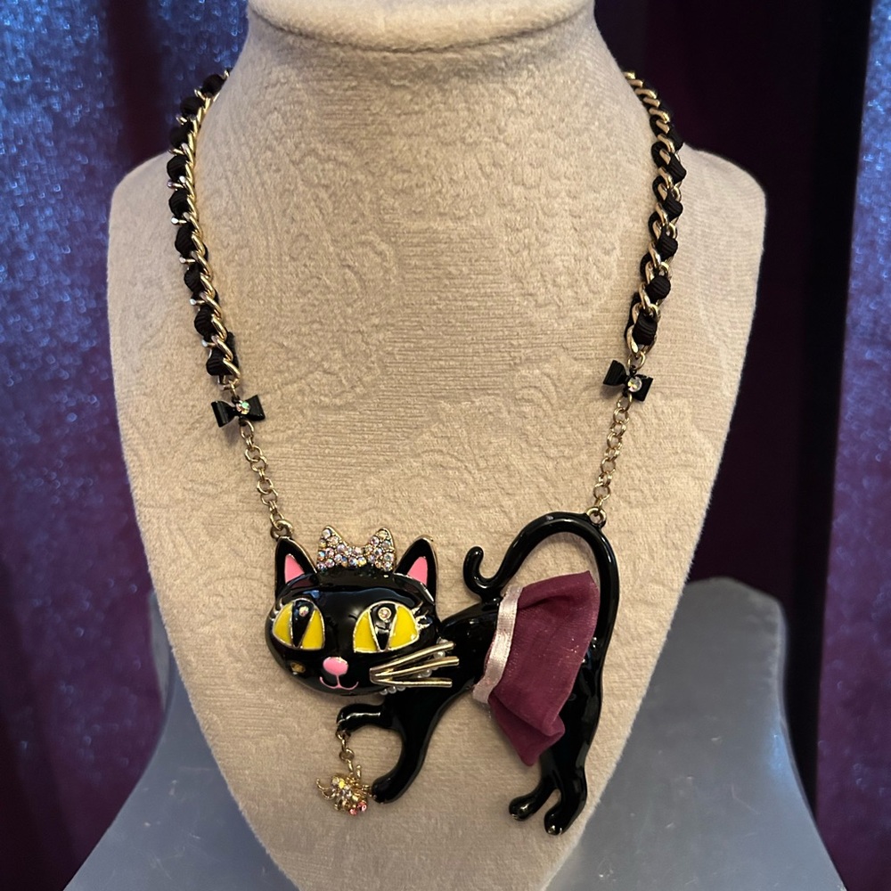 Betsey Johnson Black Cat Necklace Crystals with Gold Chain